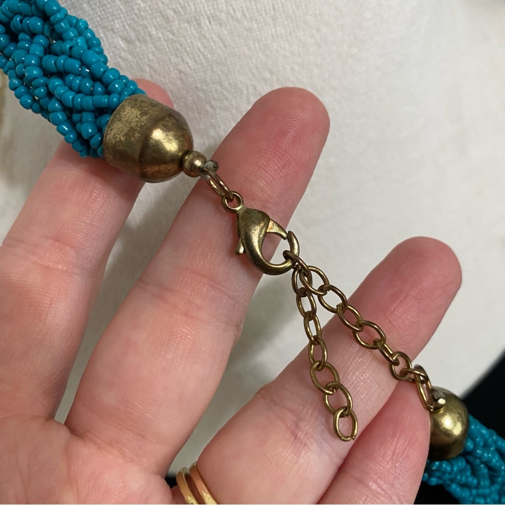 80s Teal Seed Beaded Braided Tassel Necklace - Picture 2 of 5
